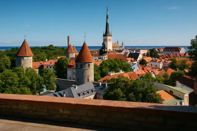 Tallinn eski şehrinin turuncu kiremitli çatıları ve sur kuleleri