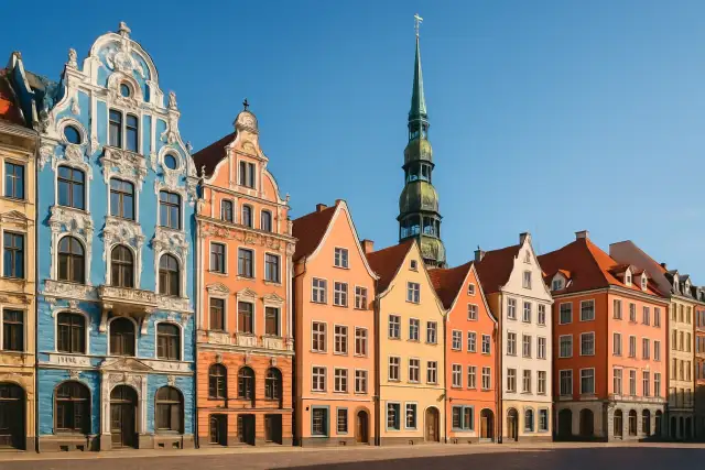 Riga eski şehir meydanının pastel cepheleri ve kilise kulesi