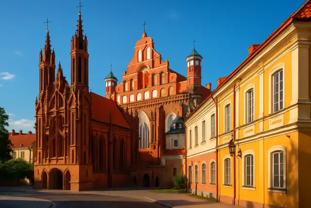 Vilnius eski şehrinde kırmızı tuğlalı gotik kilise ve barok cepheler