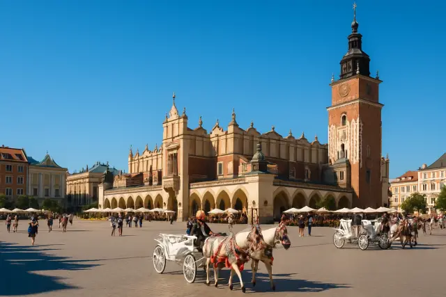 Krakow’da güneşli renkli meydan ve tarihi loncalar binası